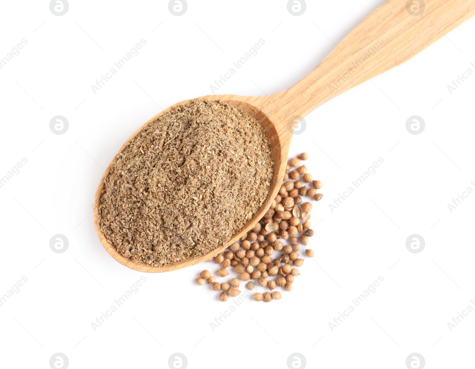 Wooden spoon with powdered coriander and corns on white background, top view Photo of Wooden spoon with powdered coriander and corns on white background, top view