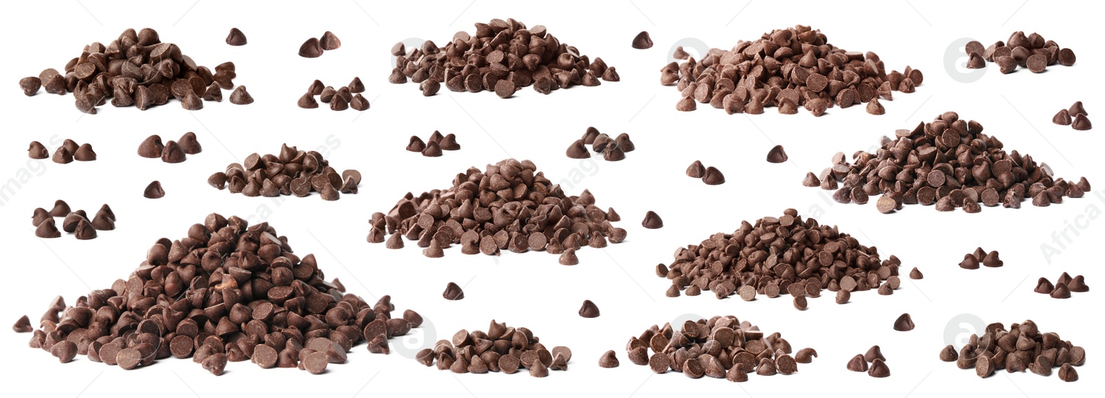Set of tasty chocolate chips on white background Image of Set of tasty chocolate chips on white background