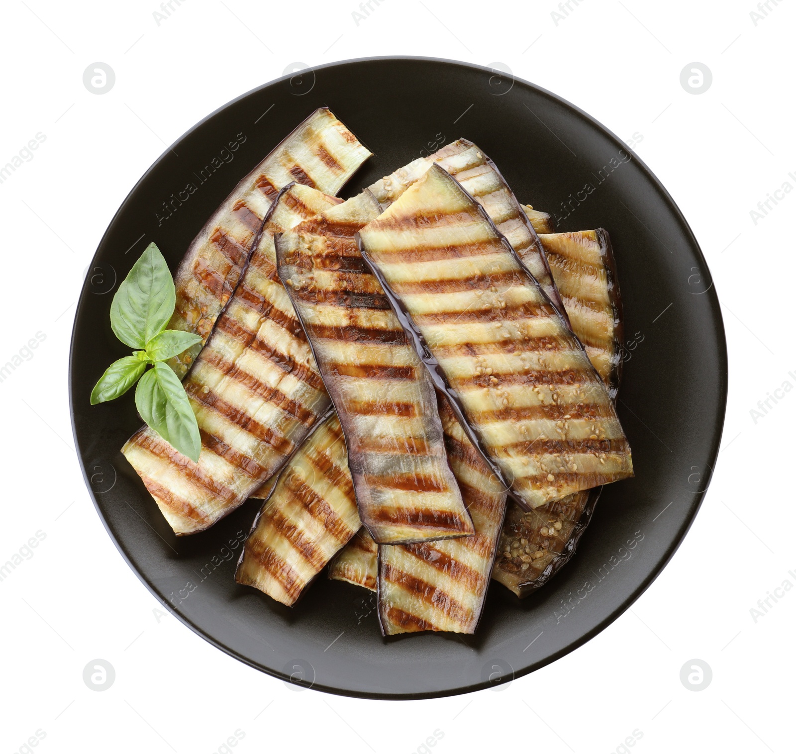 Delicious grilled eggplant with basil isolated on white, top view Photo of Delicious grilled eggplant with basil isolated on white, top view