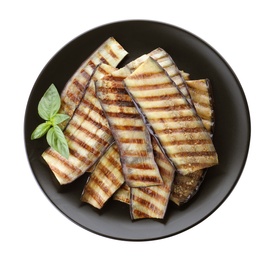 Delicious grilled eggplant with basil isolated on white, top view Photo of Delicious grilled eggplant with basil isolated on white, top view