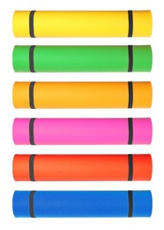 Set with different bright rolled camping mats on white background. Vertical banner design Image of Set with different bright rolled camping mats on white background. Vertical banner design