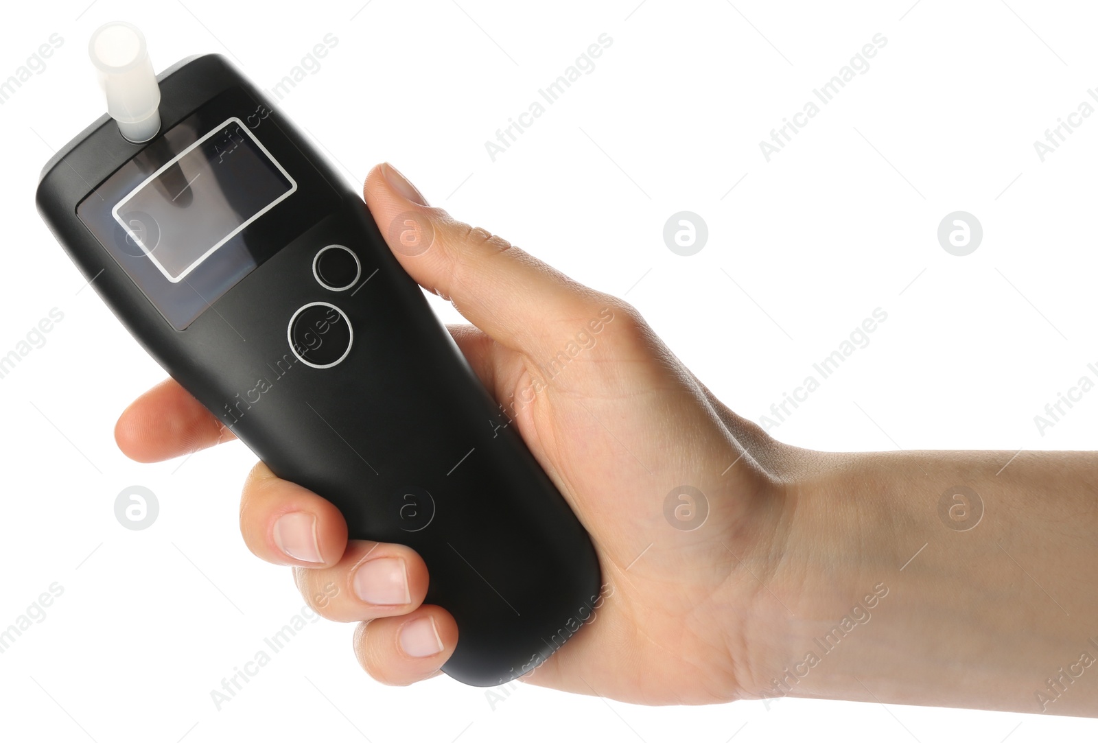 Woman holding modern breathalyzer on white background, closeup Photo of Woman holding modern breathalyzer on white background, closeup