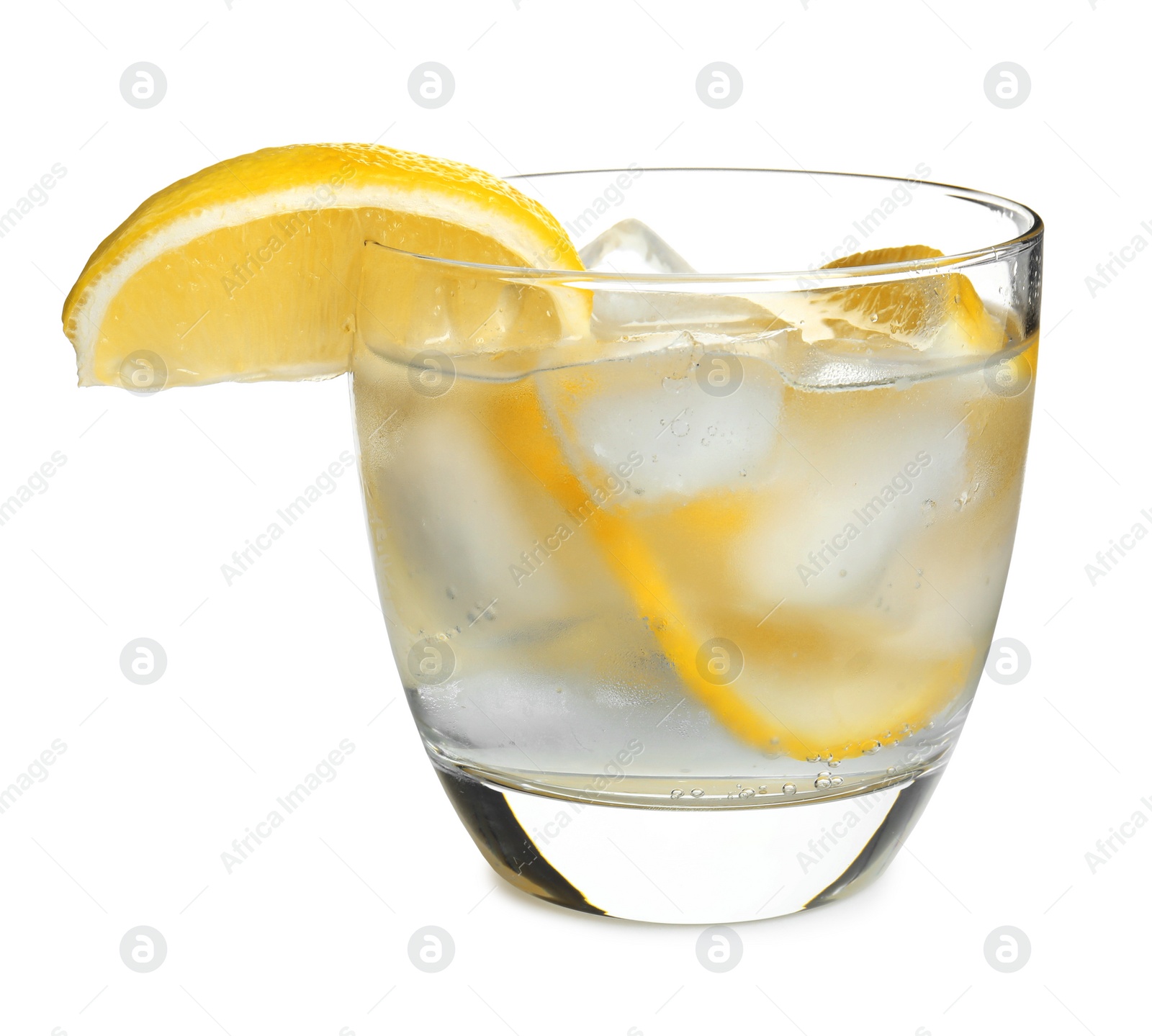 Soda water with lemon slices and ice cubes isolated on white Photo of Soda water with lemon slices and ice cubes isolated on white