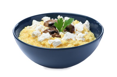 Tasty banosh with brynza and mushrooms in bowl isolated on white. Traditional Ukrainian dish Photo of Tasty banosh with brynza and mushrooms in bowl isolated on white. Traditional Ukrainian dish