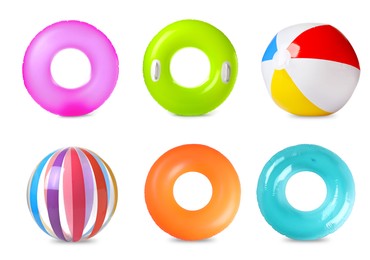 Set with colorful inflatable rings and balls on white background Image of Set with colorful inflatable rings and balls on white background