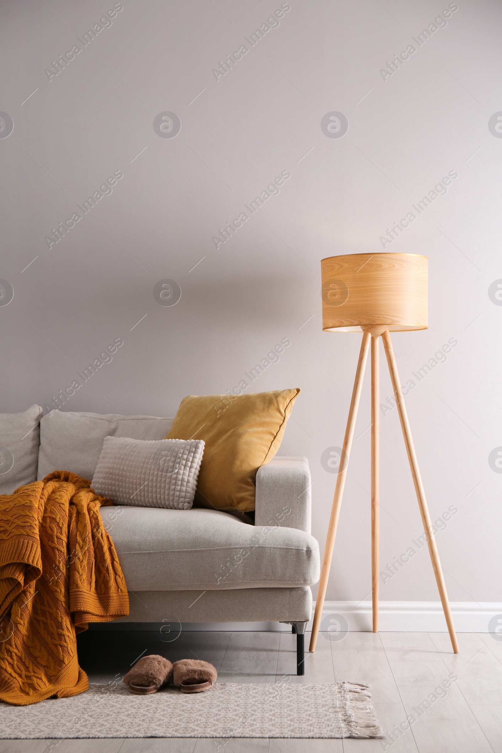 Stylish living room interior with comfortable sofa and tripod floor lamp. Space for text Photo of Stylish living room interior with comfortable sofa and tripod floor lamp. Space for text