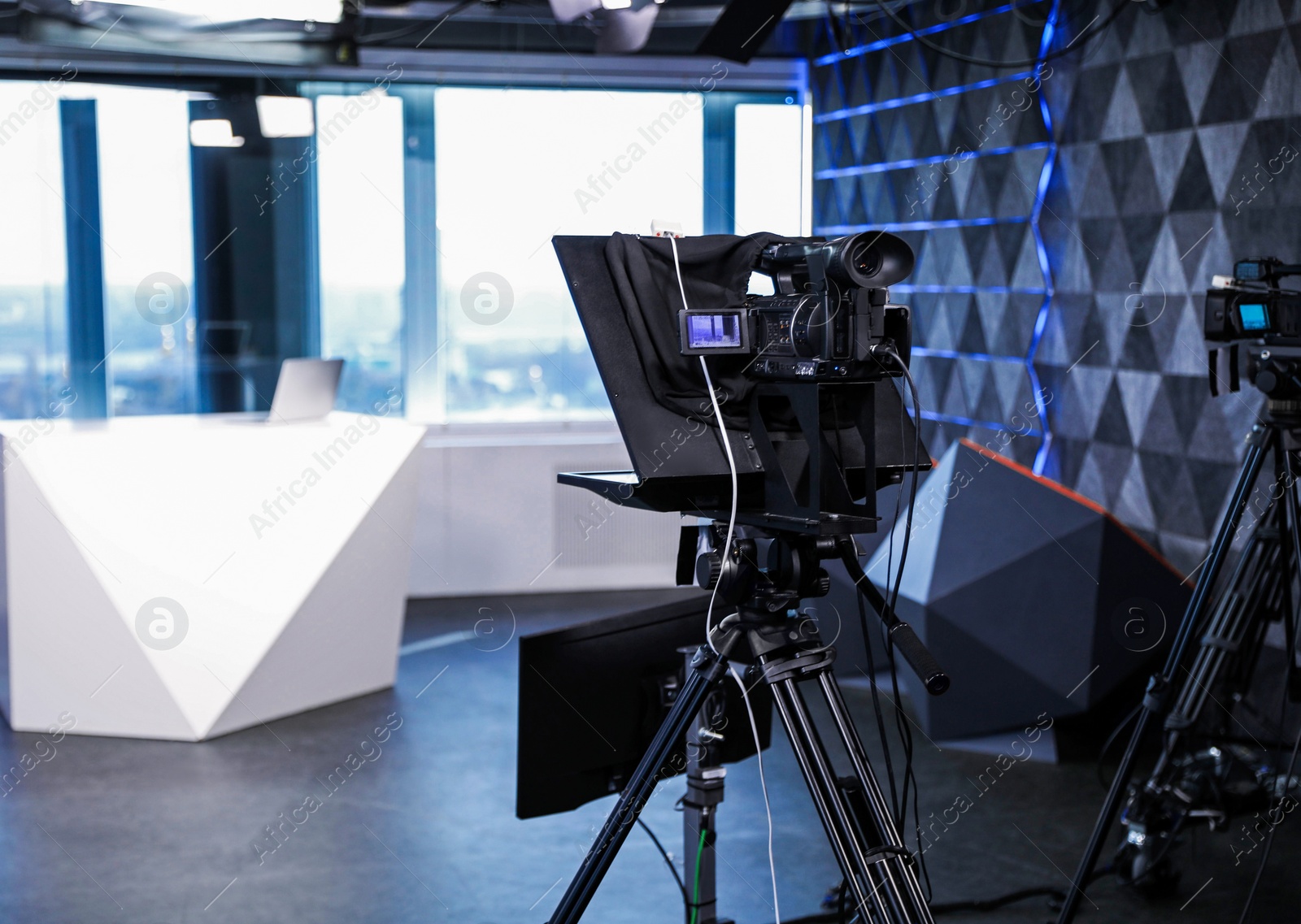 Modern video recording studio with professional equipment, focus on camera Photo of Modern video recording studio with professional equipment, focus on camera
