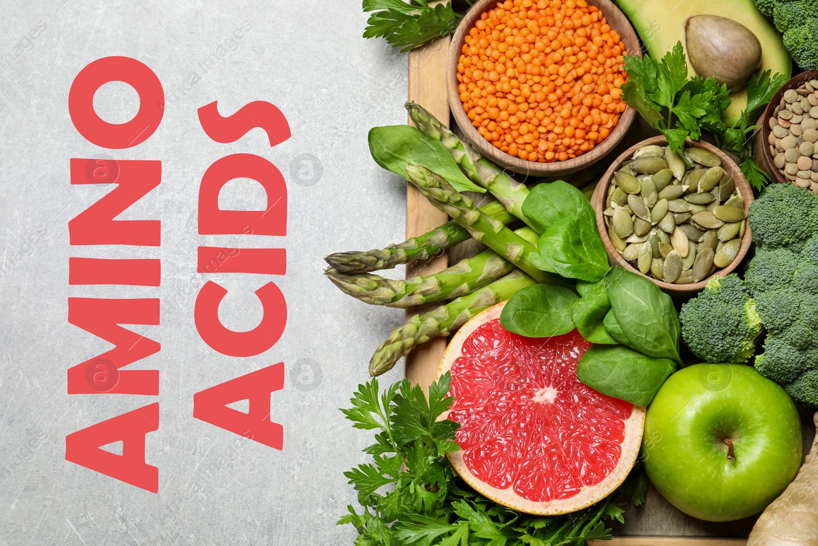 Fresh vegetables, fruits and seeds on light grey table, flat lay. Sources of essential amino acids Image of Fresh vegetables, fruits and seeds on light grey table, flat lay. Sources of essential amino acids