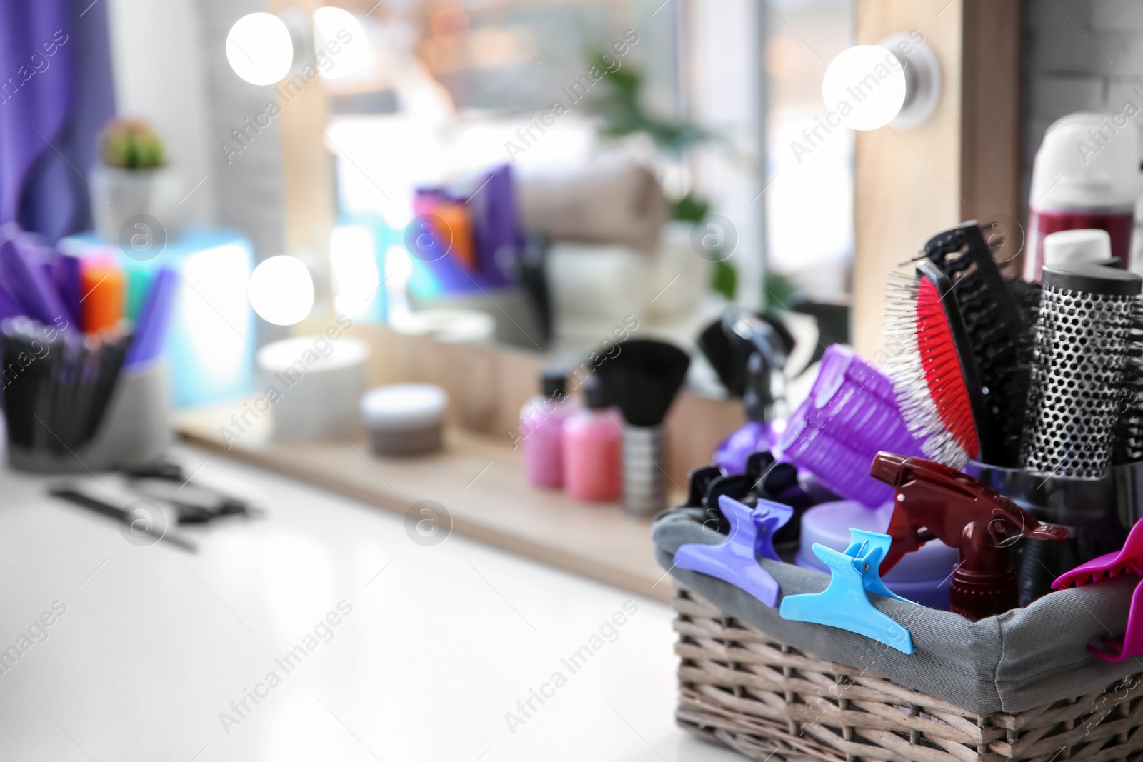 Set of hairdresser tools on table in salon Photo of Set of hairdresser tools on table in salon