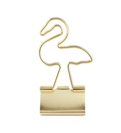 Photo of Flamingo shaped binder clip isolated on white. Stationery item