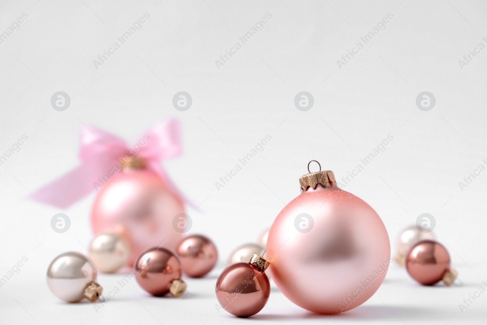 Beautiful Christmas balls on white background. Space for text Photo of Beautiful Christmas balls on white background. Space for text