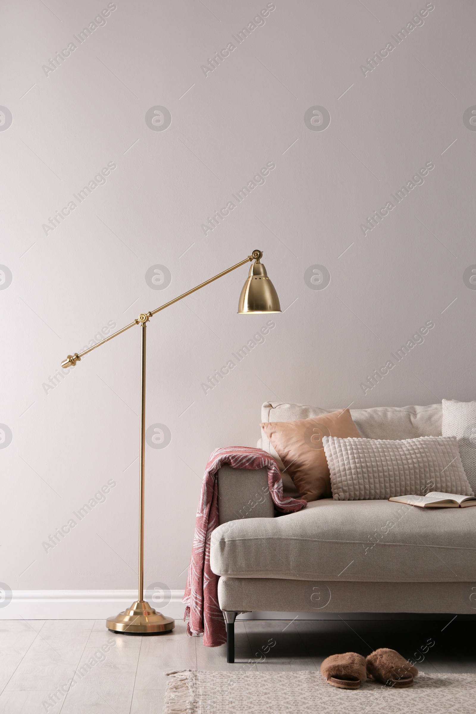 Stylish living room interior with comfortable sofa and floor lamp. Space for text Photo of Stylish living room interior with comfortable sofa and floor lamp. Space for text