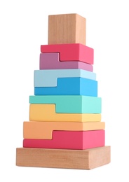 Stack of colorful wooden blocks on white background Photo of Stack of colorful wooden blocks on white background