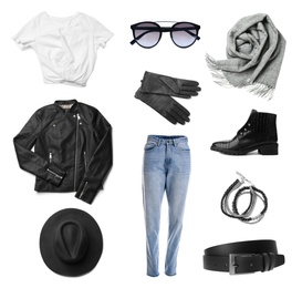 Stylish look. Collage with modern clothes, gloves and other accessories for woman on white background Image of Stylish look. Collage with modern clothes, gloves and other accessories for woman on white background