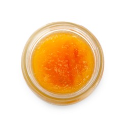 Glass jar with sweet jam isolated on white, top view Photo of Glass jar with sweet jam isolated on white, top view