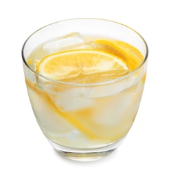 Soda water with lemon slices and ice cubes isolated on white Photo of Soda water with lemon slices and ice cubes isolated on white