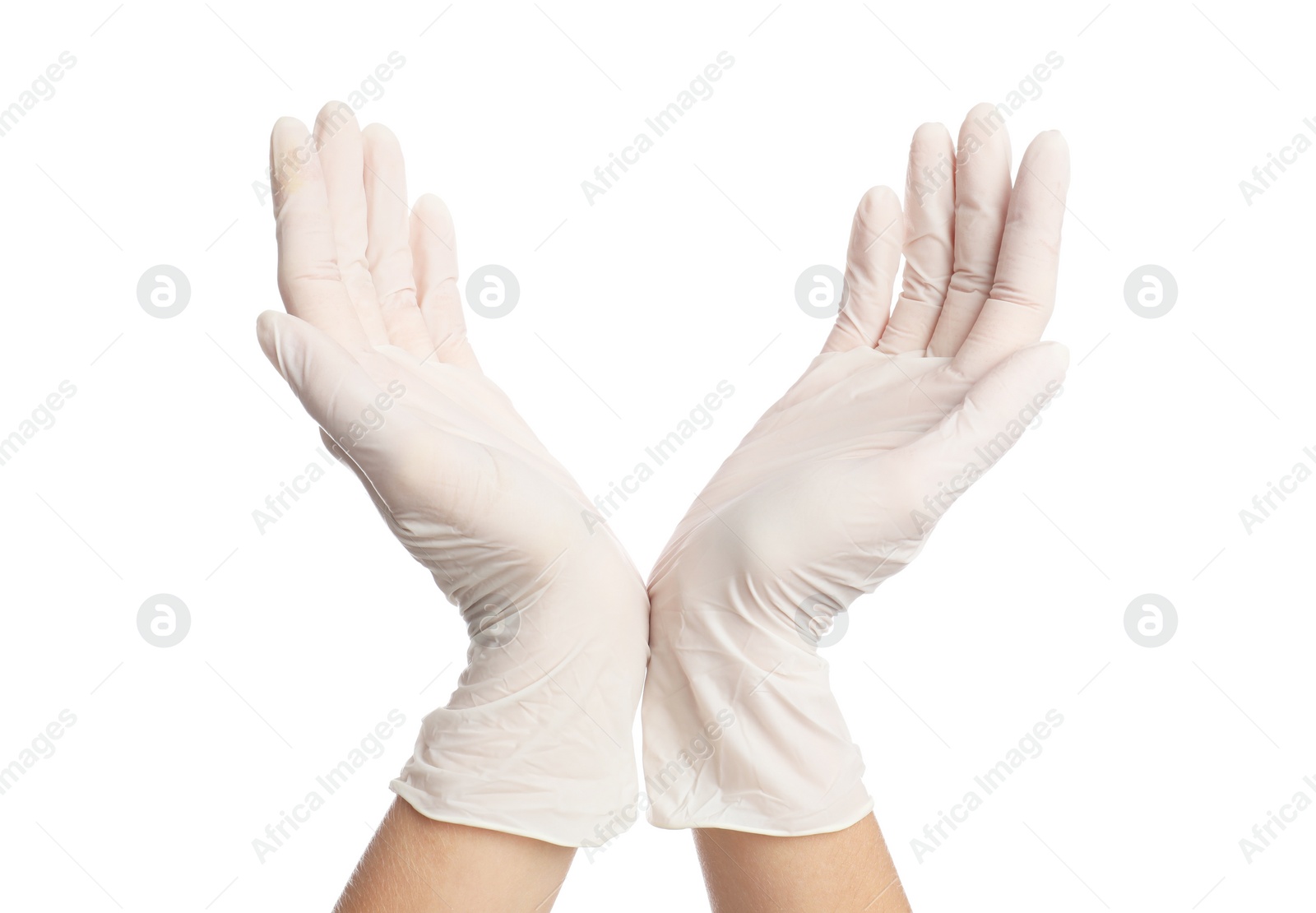 Doctor wearing medical gloves on white background, closeup Photo of Doctor wearing medical gloves on white background, closeup