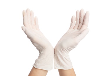 Doctor wearing medical gloves on white background, closeup Photo of Doctor wearing medical gloves on white background, closeup