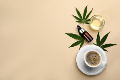 CBD oil, THC tincture, cup of coffee and hemp leaves on beige background, flat lay. Space for text Photo of CBD oil, THC tincture, cup of coffee and hemp leaves on beige background, flat lay. Space for text