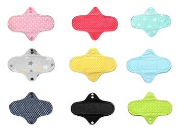 Set with different cloth menstrual pads on white background, top view Image of Set with different cloth menstrual pads on white background, top view