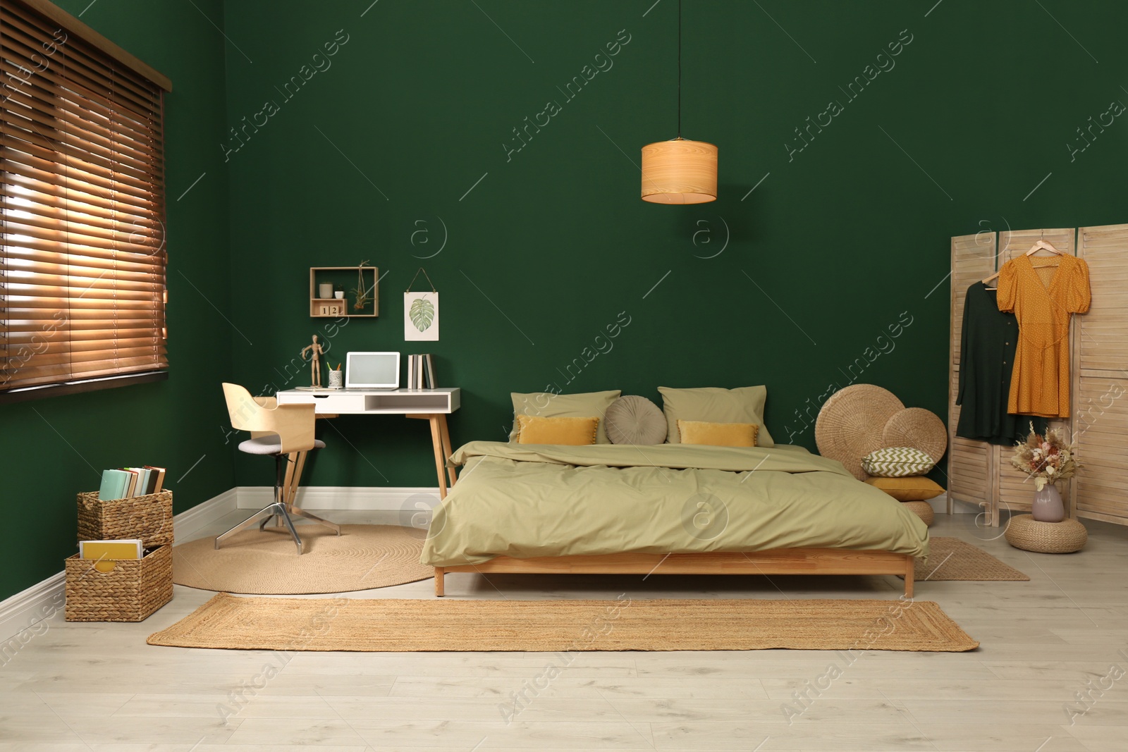 Stylish bedroom with modern furniture. Interior design Photo of Stylish bedroom with modern furniture. Interior design