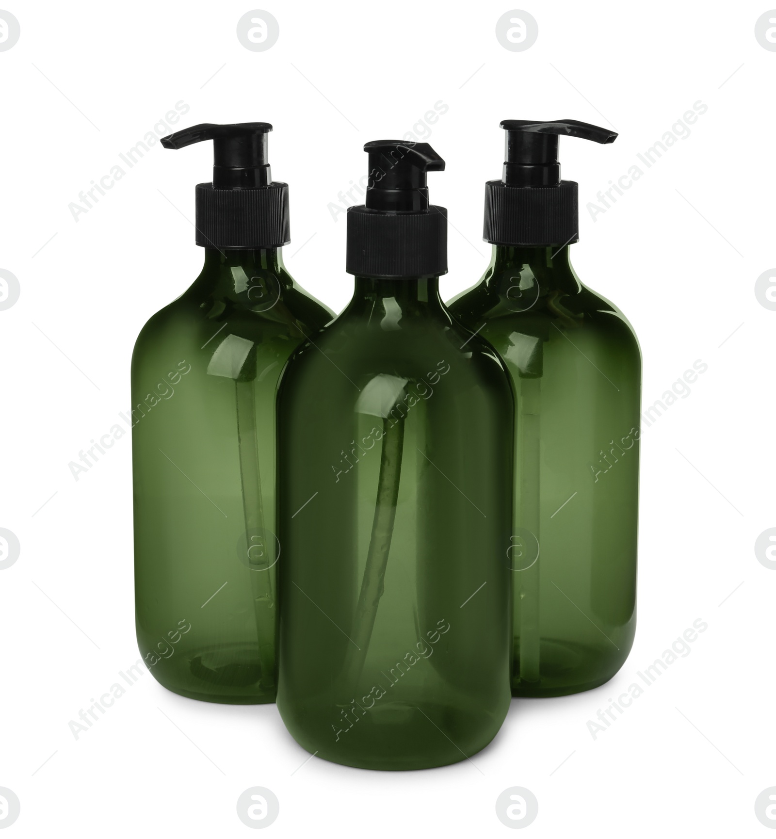 Photo of Reusable green plastic dispensers on white background