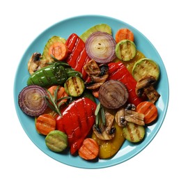 Different delicious grilled vegetables on white background, top view Photo of Different delicious grilled vegetables on white background, top view