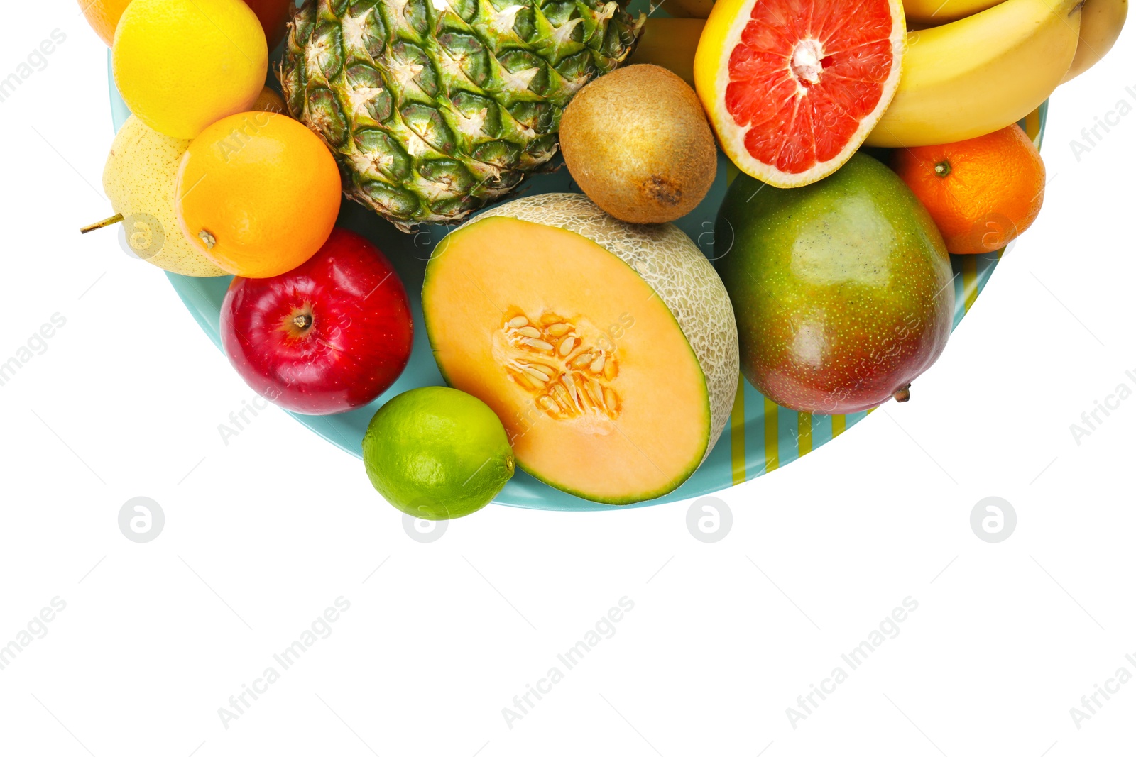 Plate with fresh tropical fruits on white background Photo of Plate with fresh tropical fruits on white background