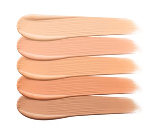 Different shades of liquid skin foundation on white background, top view Image of Different shades of liquid skin foundation on white background, top view