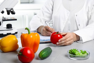 Scientist with fresh vegetables and clipboard at table in laboratory, closeup. Poison detection Photo of Scientist with fresh vegetables and clipboard at table in laboratory, closeup. Poison detection