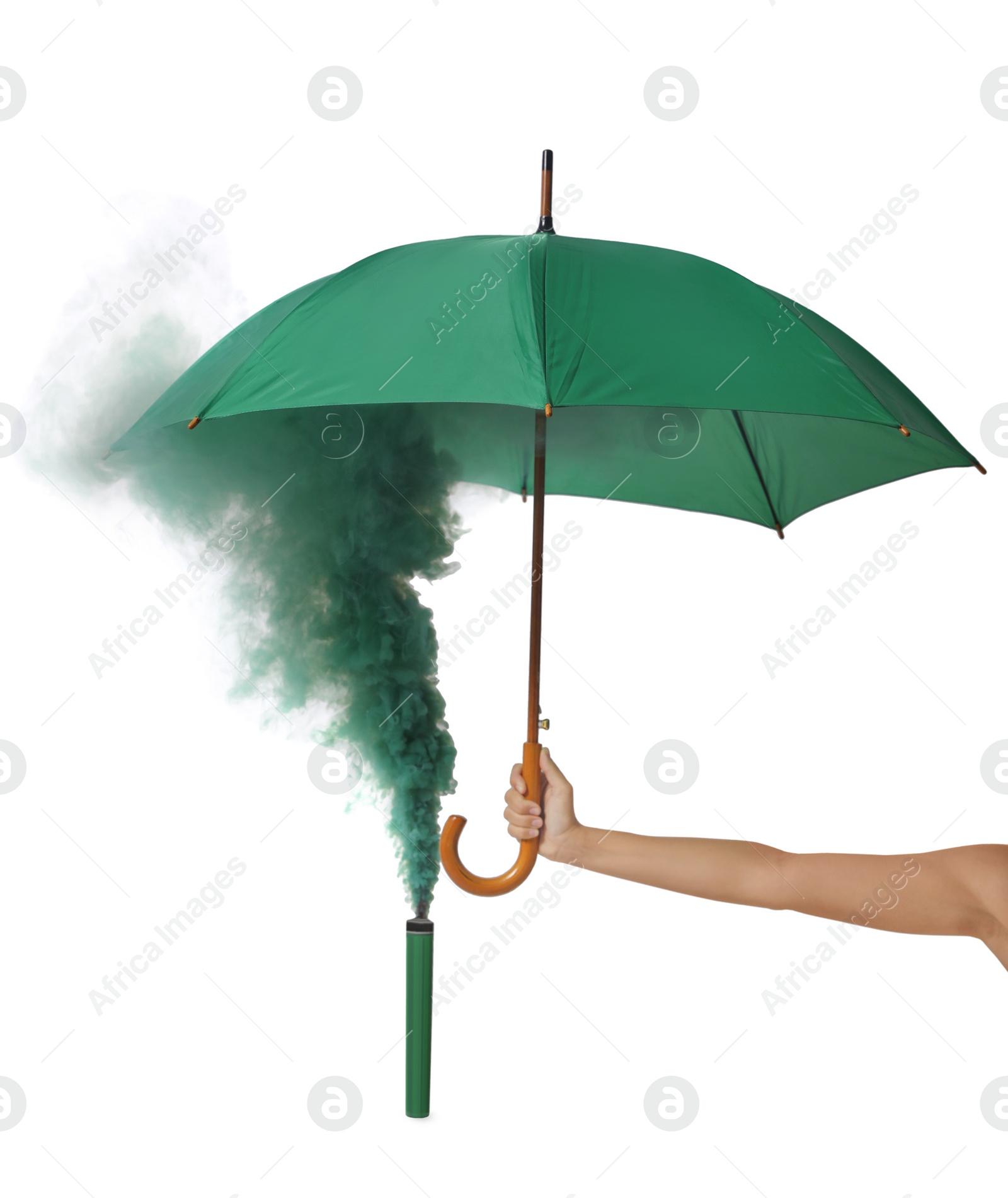 Woman holding umbrella and green smoke bomb on white background, closeup Photo of Woman holding umbrella and green smoke bomb on white background, closeup