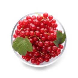 Delicious ripe red currants in bowl isolated on white, top view Photo of Delicious ripe red currants in bowl isolated on white, top view