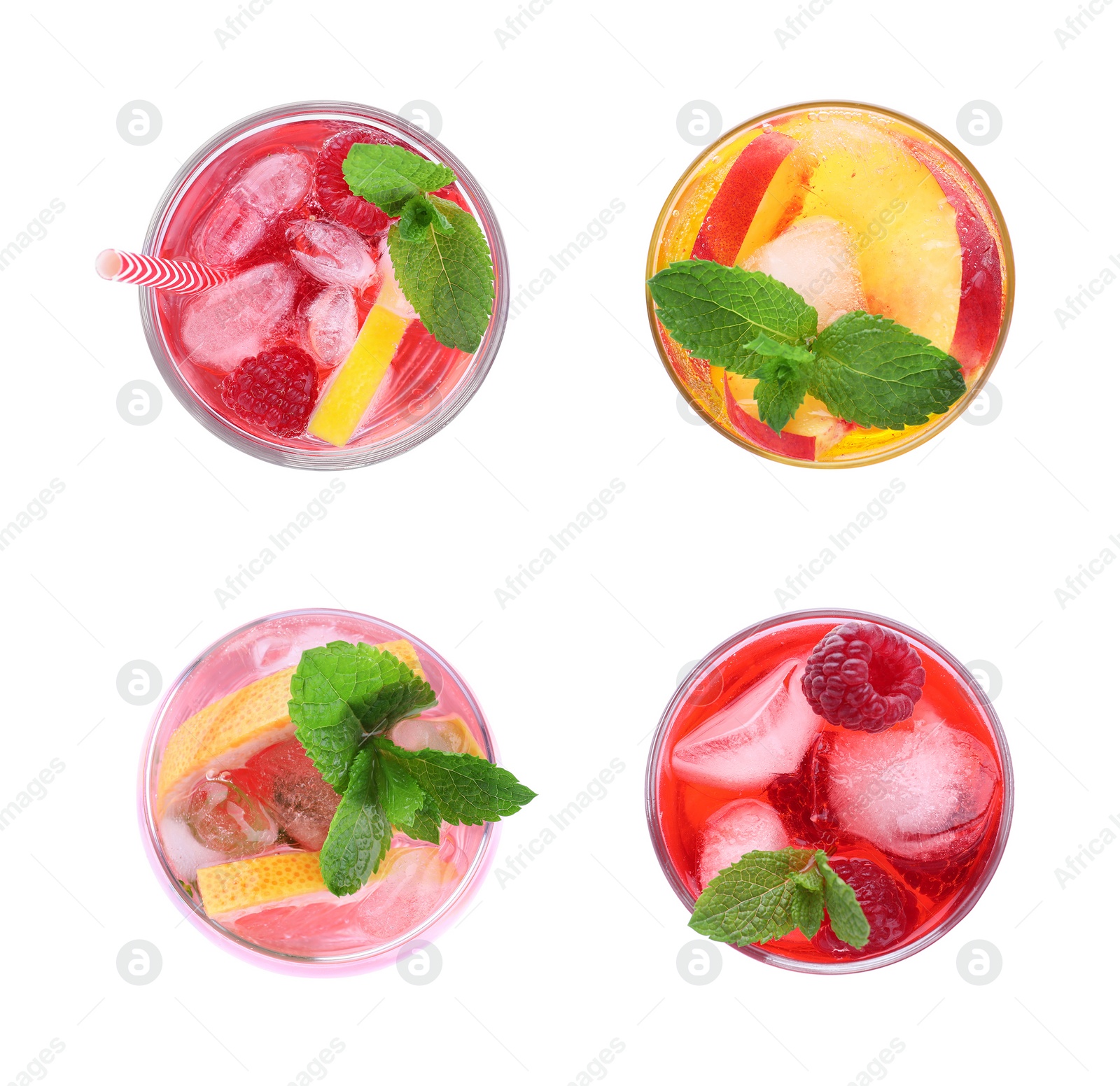 Set of different lemonade drinks made with soda water on white background, top view Image of Set of different lemonade drinks made with soda water on white background, top view