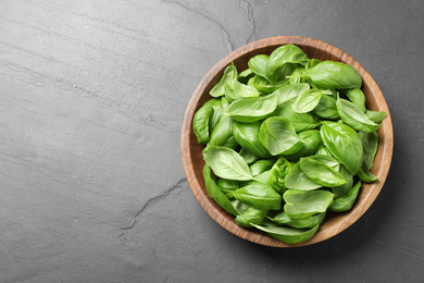 Fresh basil on grey table, top view. Space for text Photo of Fresh basil on grey table, top view. Space for text