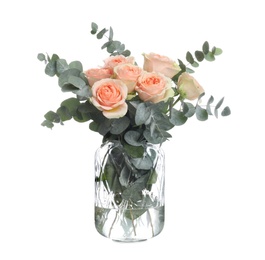 Vase with bouquet of beautiful roses on white background Photo of Vase with bouquet of beautiful roses on white background