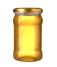 Jar with organic honey isolated on white Photo of Jar with organic honey isolated on white