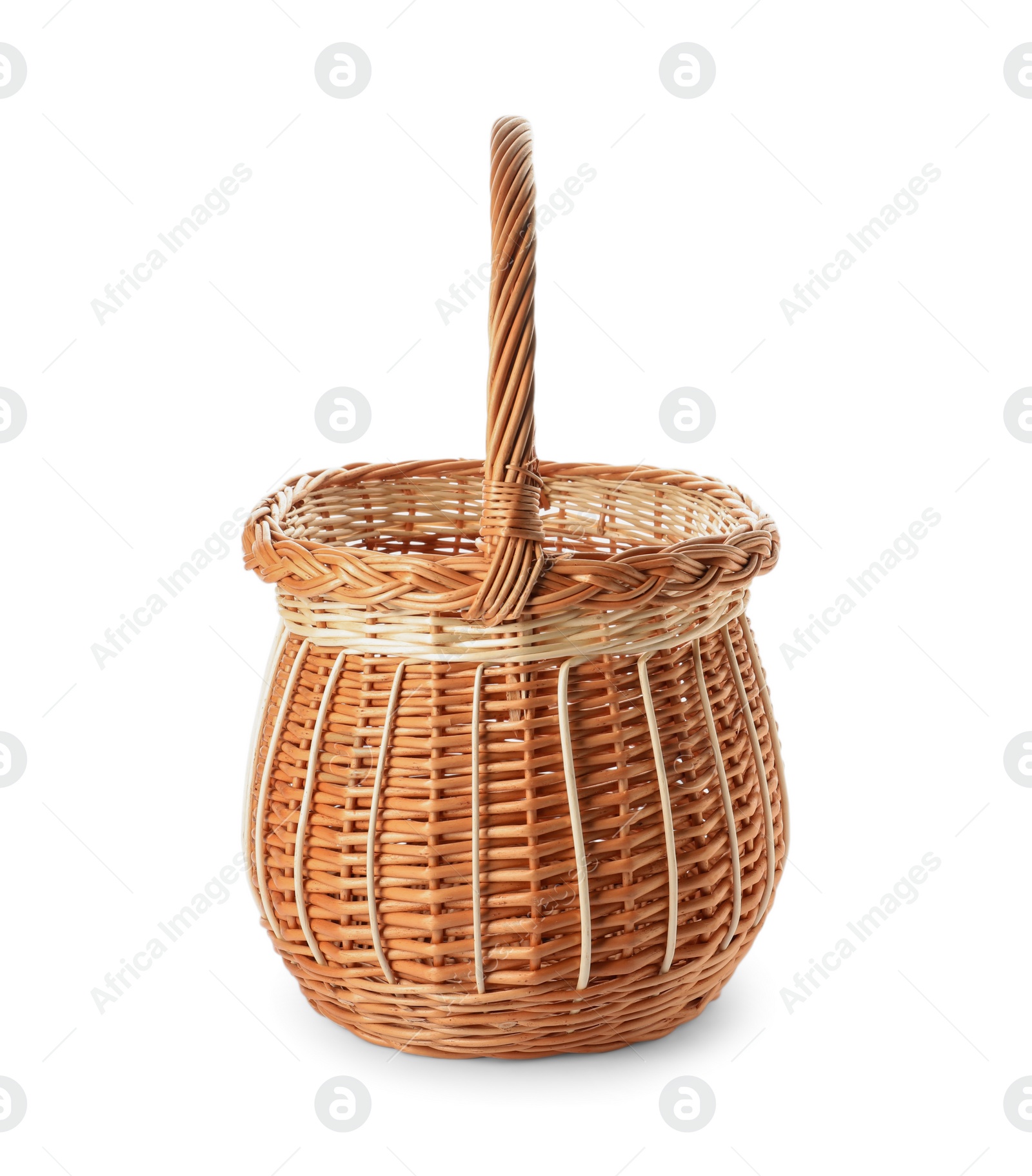 Wicker basket with handle isolated on white Photo of Wicker basket with handle isolated on white