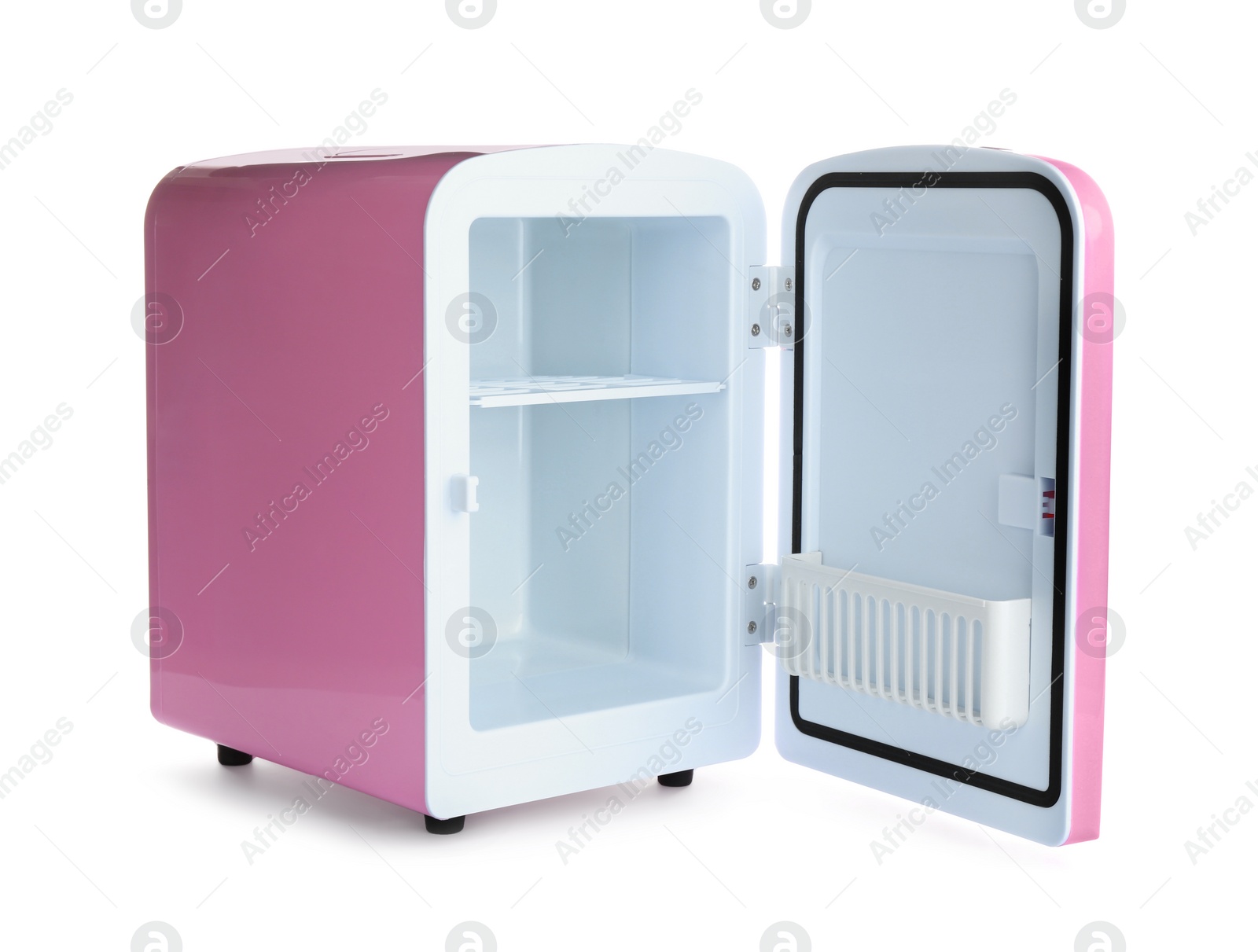 Open pink cosmetics refrigerator isolated on white Photo of Open pink cosmetics refrigerator isolated on white