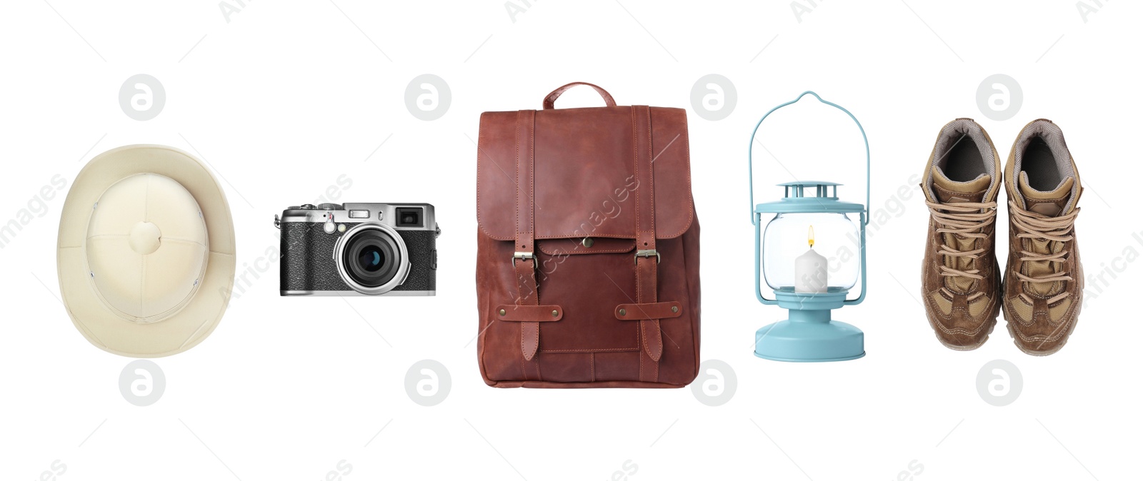 Set with different camping equipment on white background. Banner design Image of Set with different camping equipment on white background. Banner design