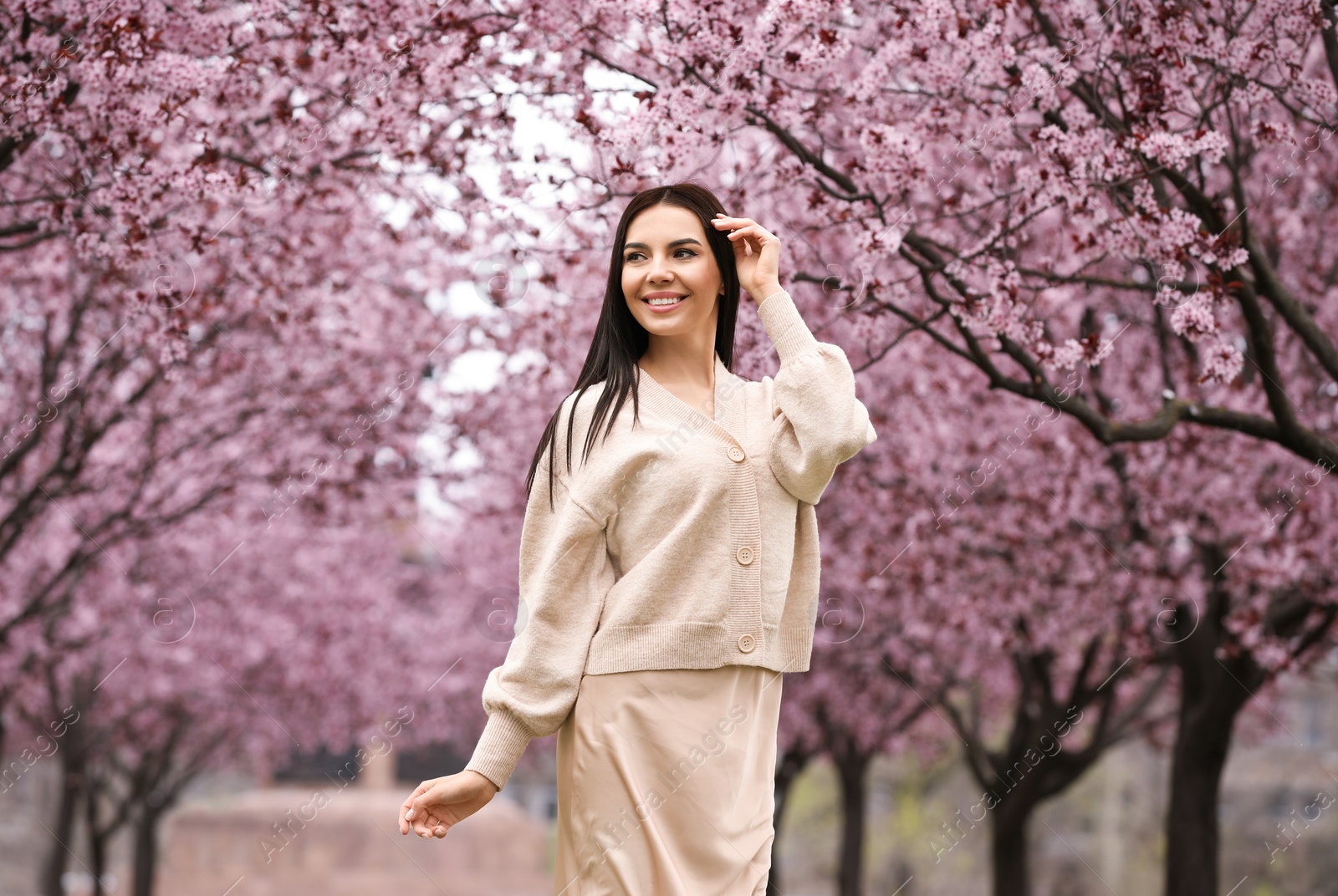 Pretty young woman in park with blooming trees. Spring look Photo of Pretty young woman in park with blooming trees. Spring look