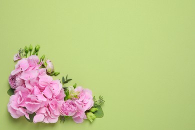 Beautiful composition with hortensia flowers on green background, flat lay. Space for text Photo of Beautiful composition with hortensia flowers on green background, flat lay. Space for text