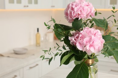 Beautiful pink hortensia flowers in vase indoors, closeup. Space for text Photo of Beautiful pink hortensia flowers in vase indoors, closeup. Space for text