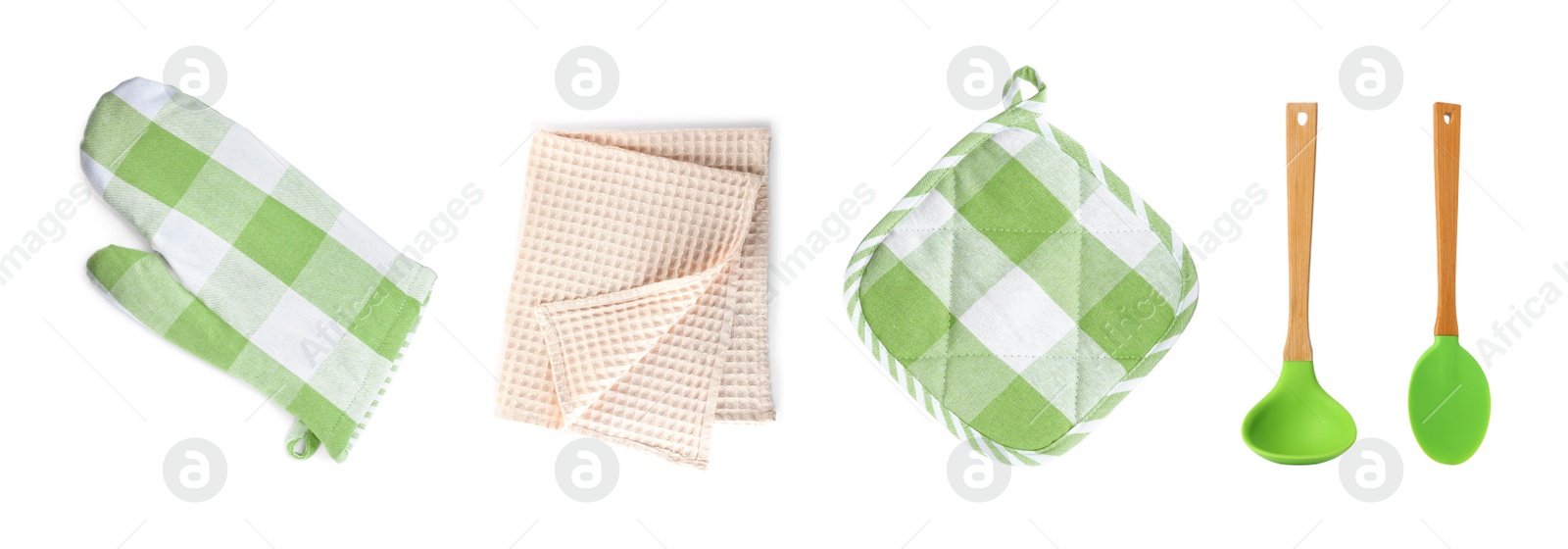 Image of Set with different kitchen utensils and oven glove on white background, top view. Banner design