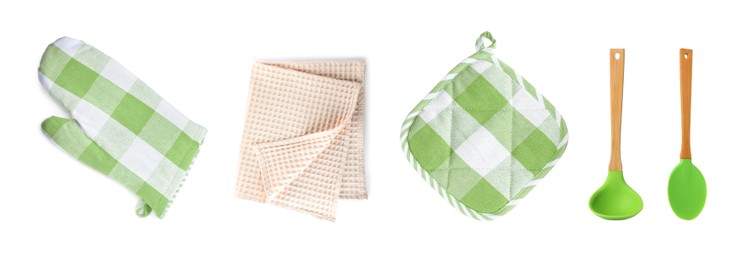 Set with different kitchen utensils and oven glove on white background, top view. Banner design Image of Set with different kitchen utensils and oven glove on white background, top view. Banner design
