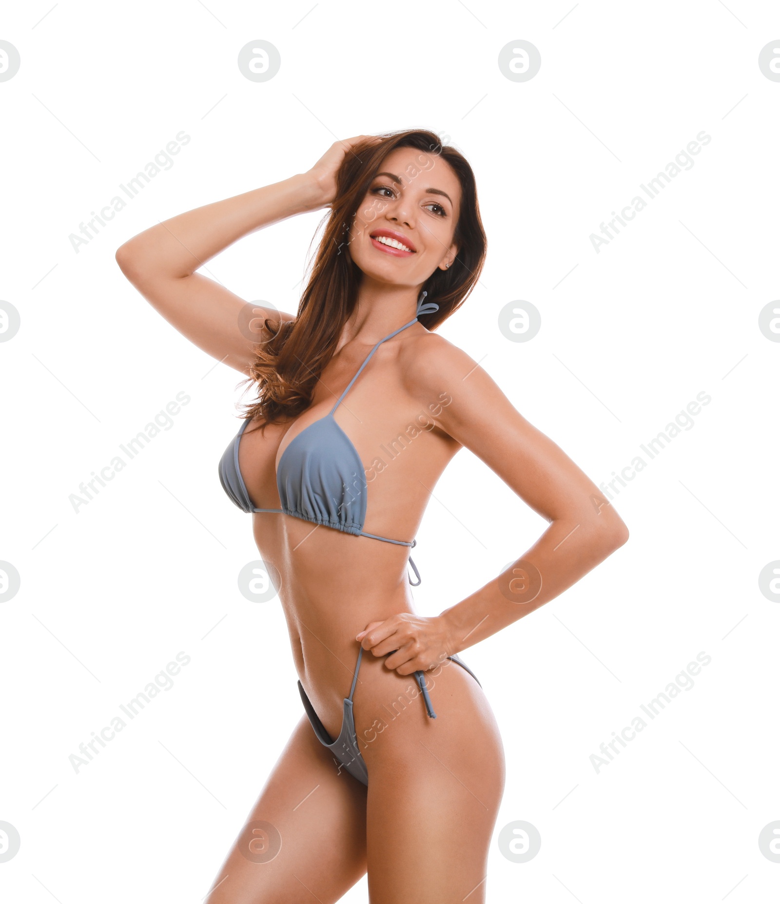 Beautiful woman in stylish bikini on white background Photo of Beautiful woman in stylish bikini on white background