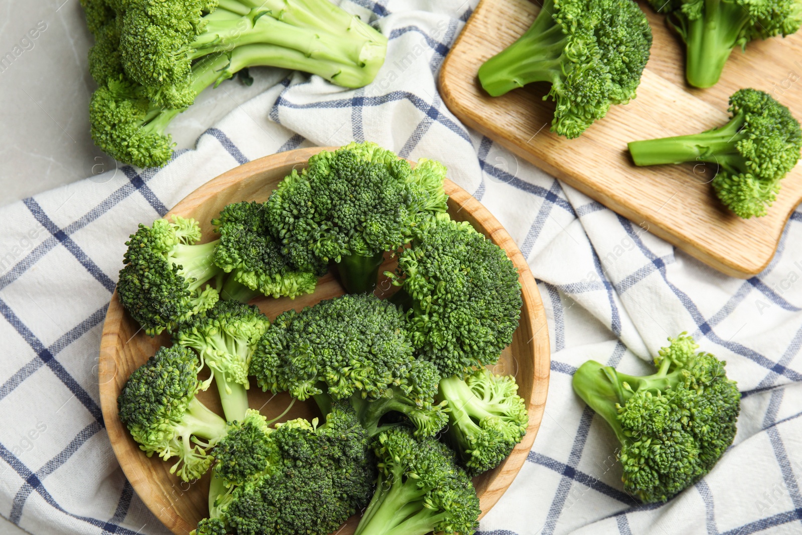 Fresh green broccoli on table, flat lay Photo of Fresh green broccoli on table, flat lay