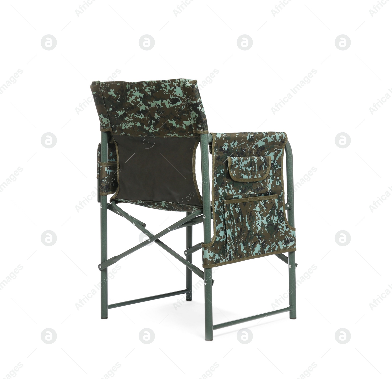 Comfortable camouflage fishing chair on white background Photo of Comfortable camouflage fishing chair on white background