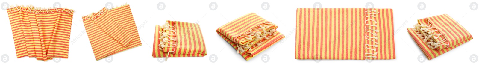 Set with striped beach towels on white background. Banner design Image of Set with striped beach towels on white background. Banner design