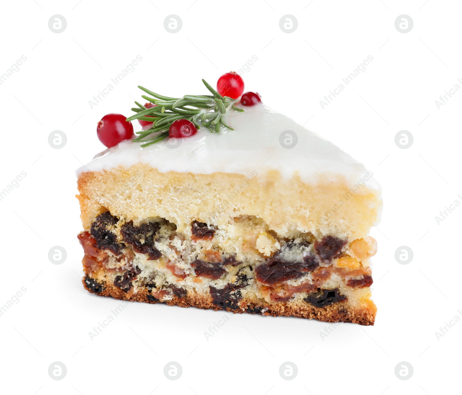 Slice of traditional Christmas cake decorated with rosemary and cranberries isolated on white Photo of Slice of traditional Christmas cake decorated with rosemary and cranberries isolated on white