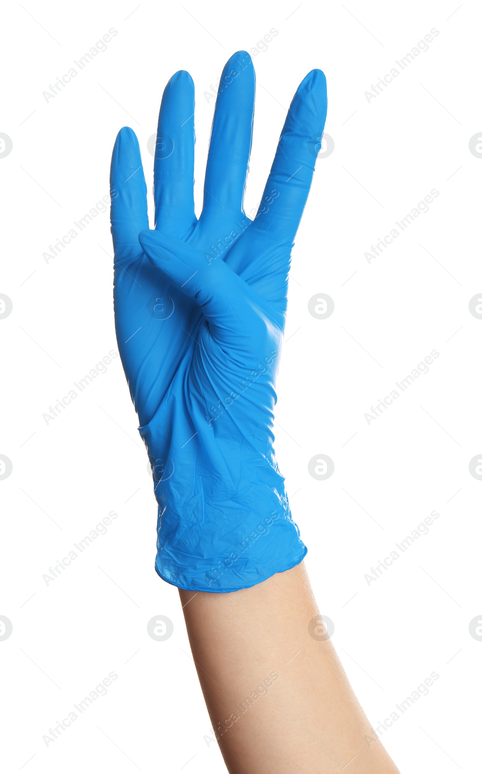 Woman in blue latex gloves showing four fingers on white background, closeup of hand Photo of Woman in blue latex gloves showing four fingers on white background, closeup of hand